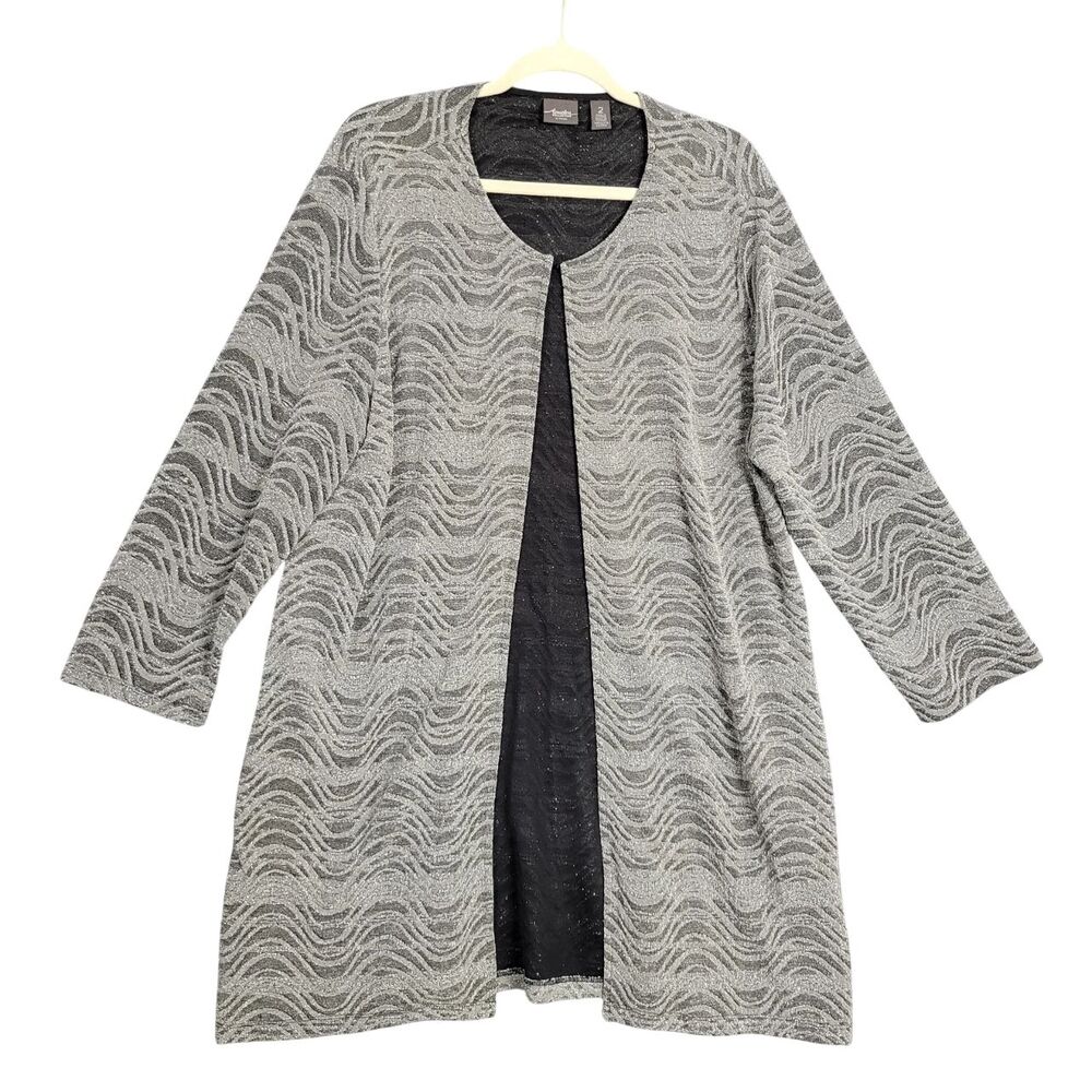 CHICOS TRAVELERS Silver Artsy Metallic Glitter Cardigan SIZE 2 US LARGE 12
